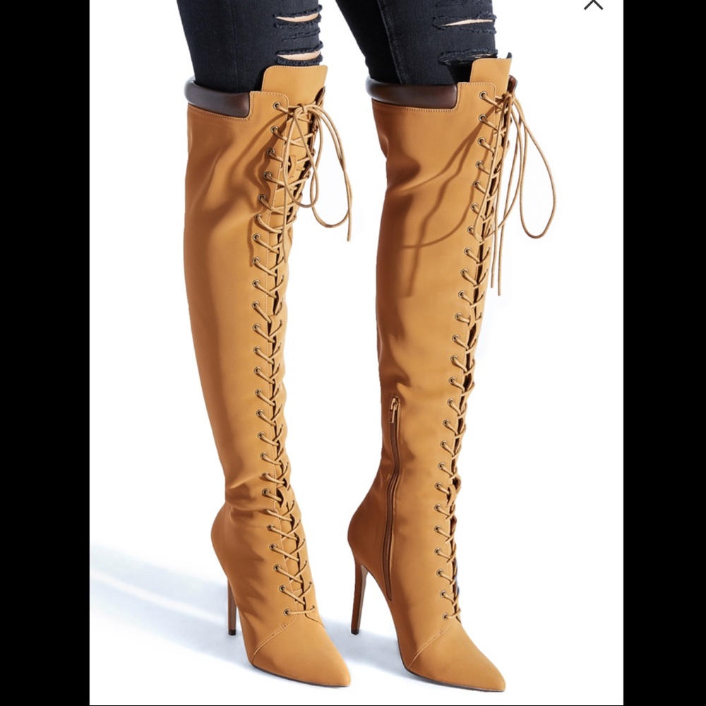 Thigh hi camel faux nubuck lace up heeled boot